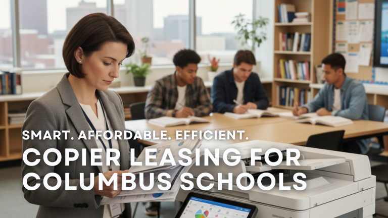 Teacher using a copier in a Columbus school office while students study, showing efficient copier leasing for educational institutions.