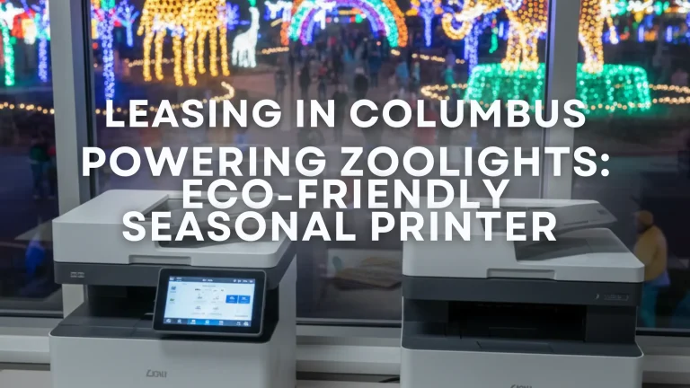 High-volume seasonal printer lease equipment next to a stack of ZooLights event maps, contrasting with the vibrant Columbus Zoo holiday lights display.