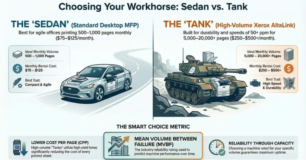 A visual comparison for Columbus business owners between compact desktop MFPs and high-volume Xerox AltaLink "tanks" based on monthly page volume.