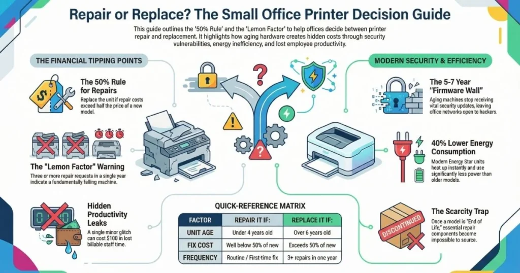 A financial tipping point matrix for Printer Repair in Columbus businesses , highlighting the scarcity trap and firmware security barriers.