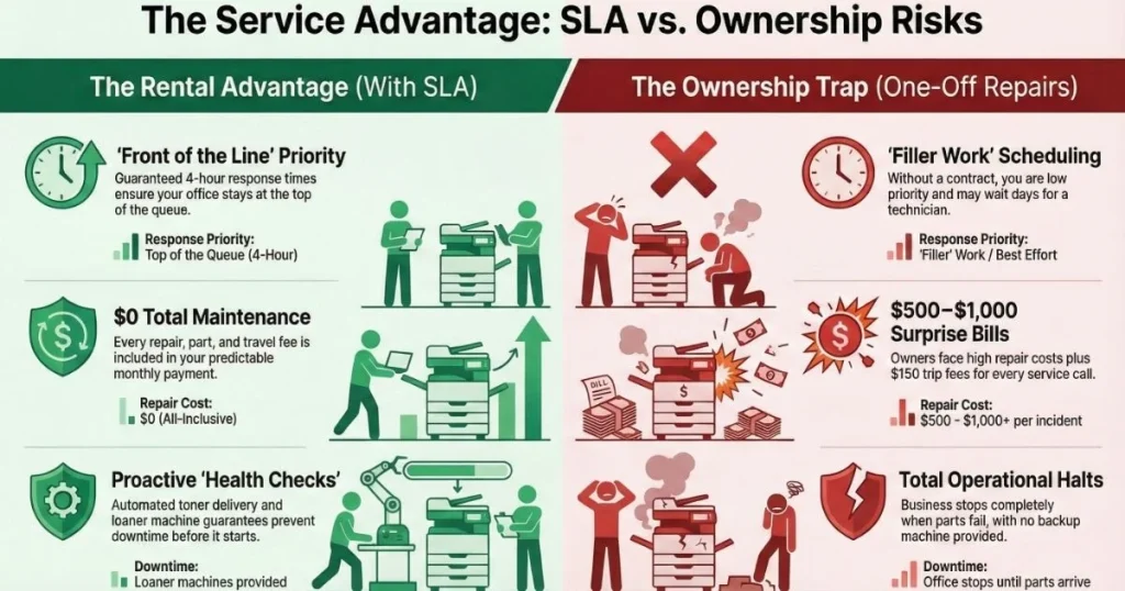 Comparison chart for Columbus offices showing rental benefits like 4-hour response times versus ownership risks like $1,000 repair bills.