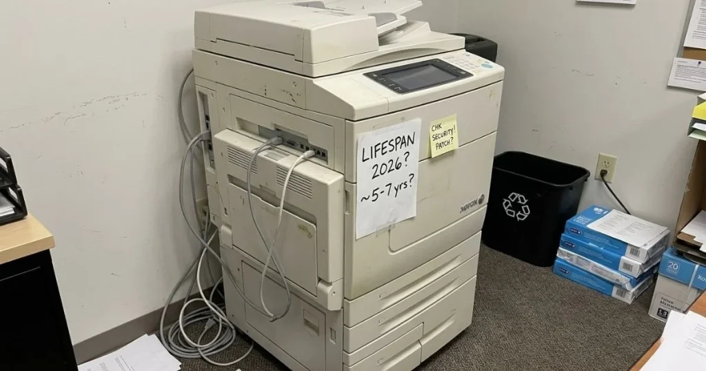 An older Xerox copier in a Columbus office corner with a handwritten note regarding its 2026 lifespan and security patch requirements.