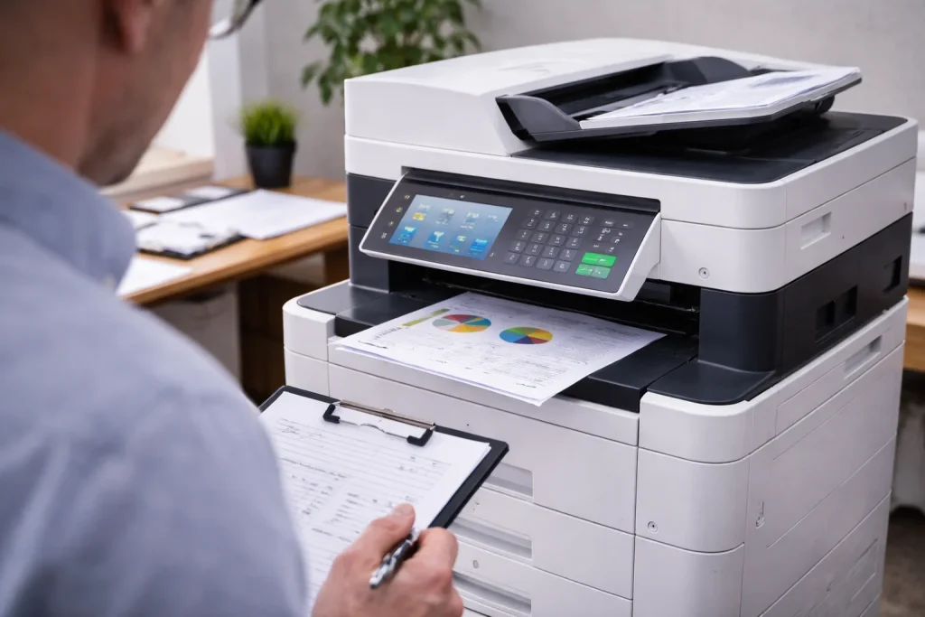 An office worker at 3000 E 14th Ave reviewing high-quality color charts from enterprise-grade multifunction copiers.
