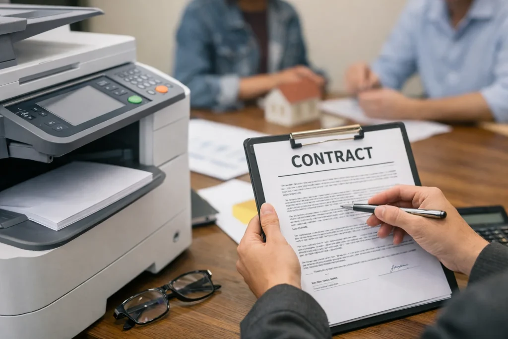 A close-up of a business professional reviewing a Columbus copier lease contract to avoid traps.