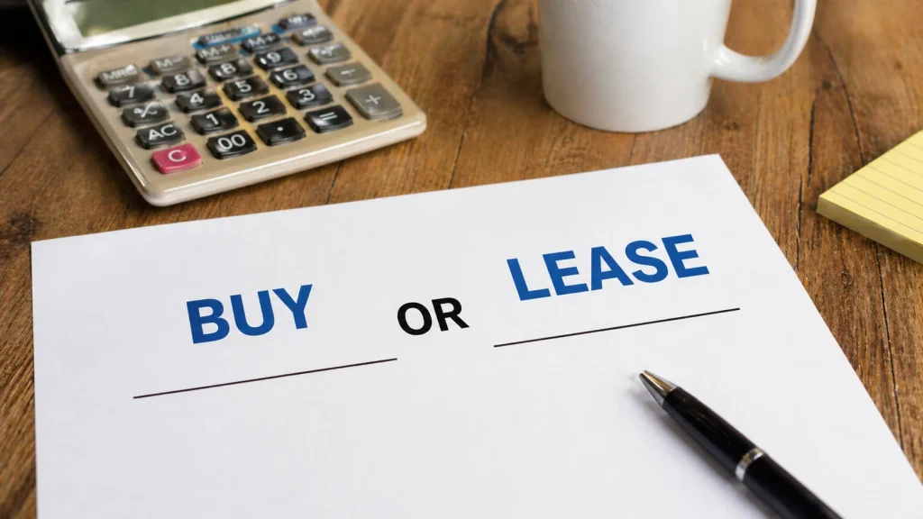 Buy or lease a copier decision document on a desk with a calculator for Columbus OH businesses