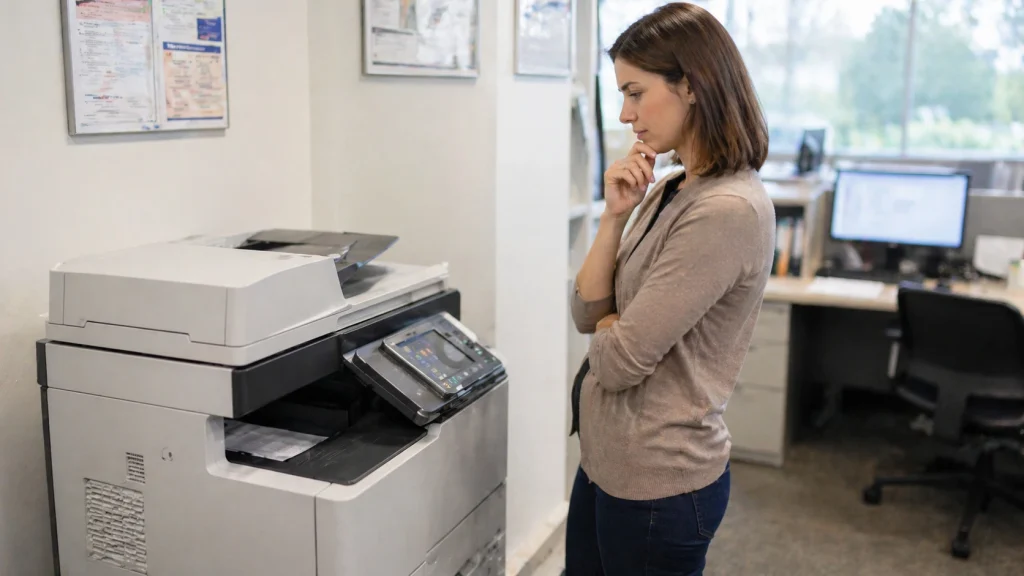 Business woman standing beside an office copier thinking about whether to buy or lease in Columbus OH
