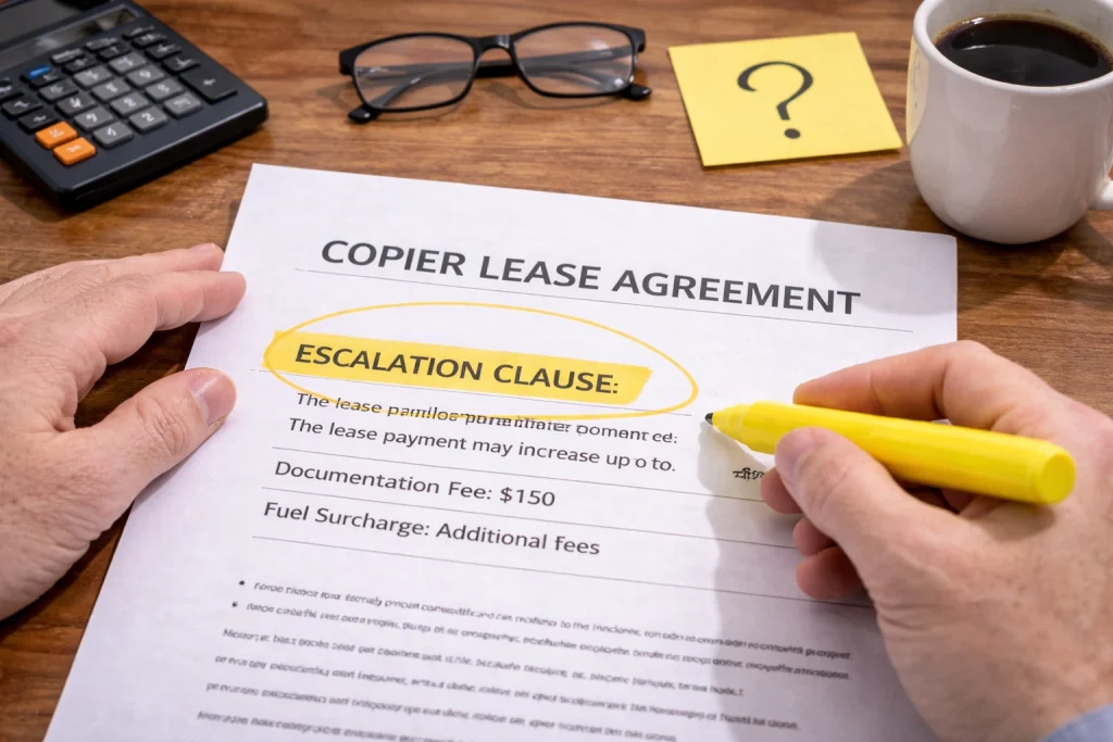 Hand highlighting a clause in a Columbus Copier Lease Agreement to ensure all terms are understood.