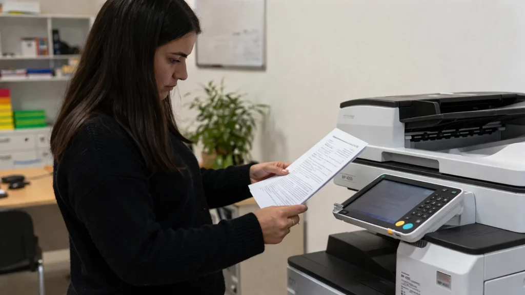 A woman standing by an office copier reviewing a document for Columbus copier lease traps.