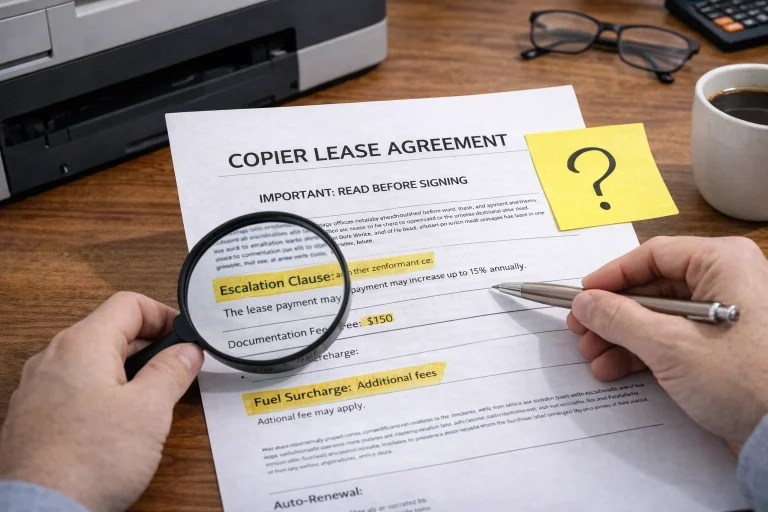 A business owner using a magnifying glass to inspect the fine print of Columbus Copier Lease Agreements.