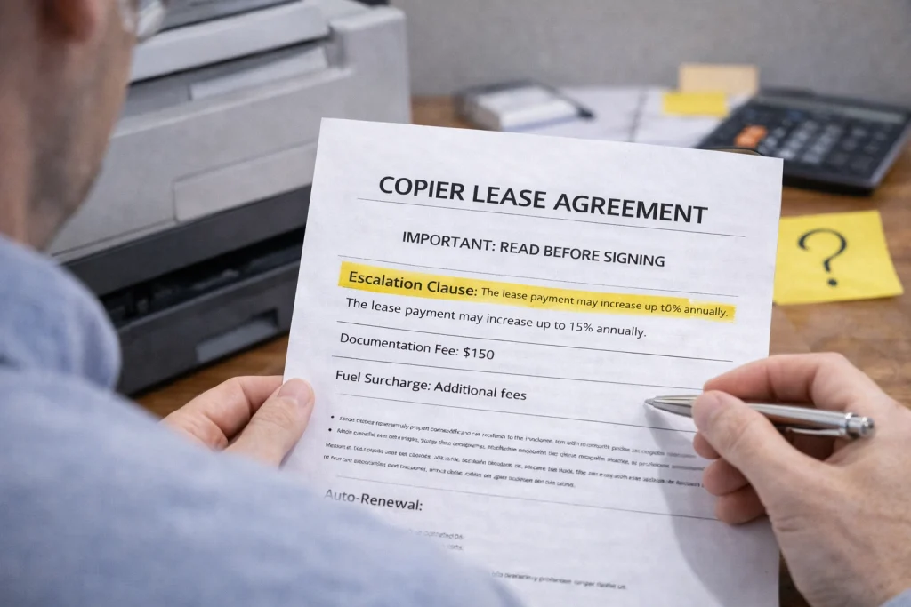 Person reviewing the "Important: Read Before Signing" section of Columbus Copier Lease Agreements.