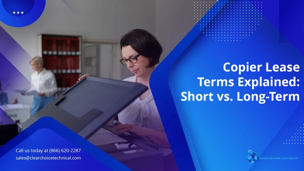 Copier lease terms explained short vs long-term blue gradient graphic with businesswoman operating copier control panel in Columbus OH