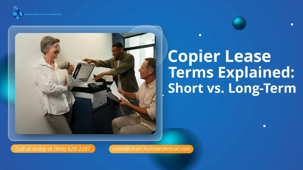 Copier lease terms explained short vs long-term blue graphic with three office colleagues using multifunction copier in Columbus OH