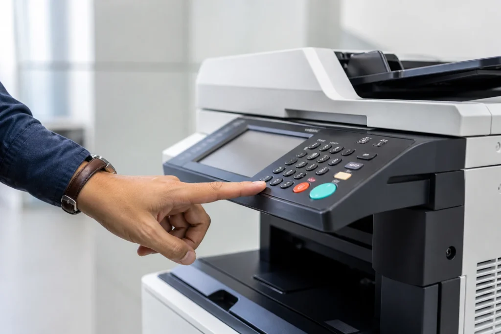 Business person pressing button on office copier control panel for a leased copier in Columbus OH