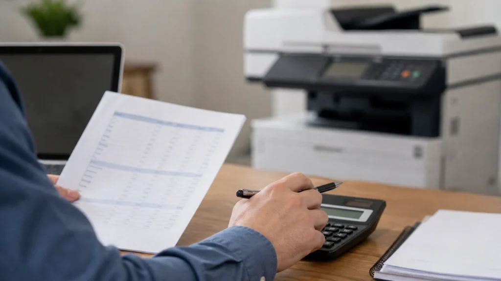 Business owner reviewing financial report with calculator while budgeting for copier lease costs in Columbus OH