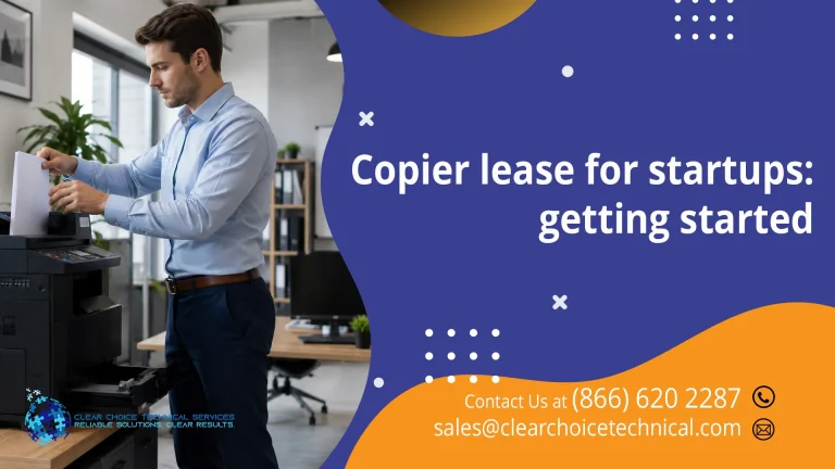 Promotional graphic titled "Copier lease for startups: getting started" featuring a businessman loading paper into a copier tray.