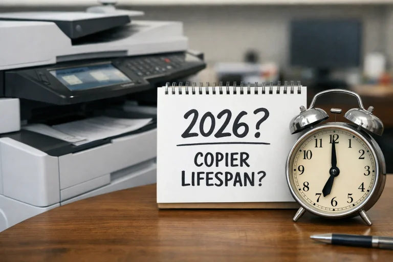 A desktop calendar and alarm clock next to a modern office copier questioning the average machine lifespan for Columbus businesses in 2026.